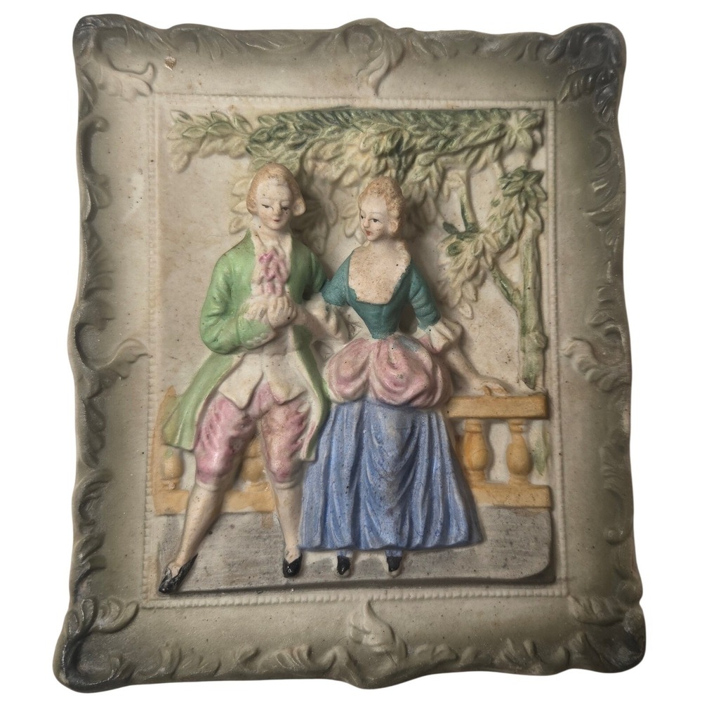 Occupied Japan Relief Wall Plaque 5.5in Multicolor Bisque Porcelain Scene 1940s